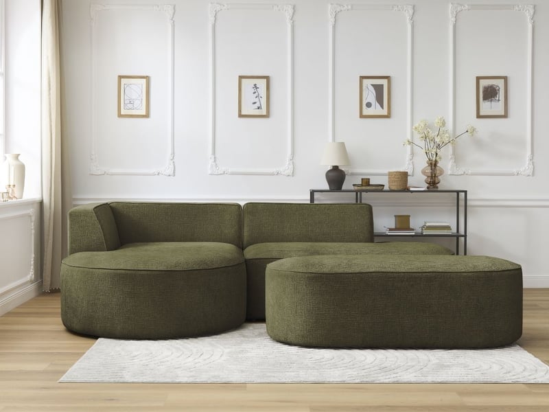  Bobochic canapé d'angle fixe rousseau tissu texturé avec pouf vert  angle gauche ROUSSEAU - Conforama D