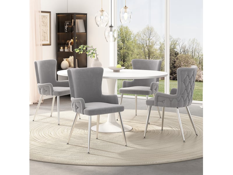  Lot de 2 chaises salle à manger, gris, dossier élevé, 4 pieds en métal argenté, structure métal, en velours  - Conforama D