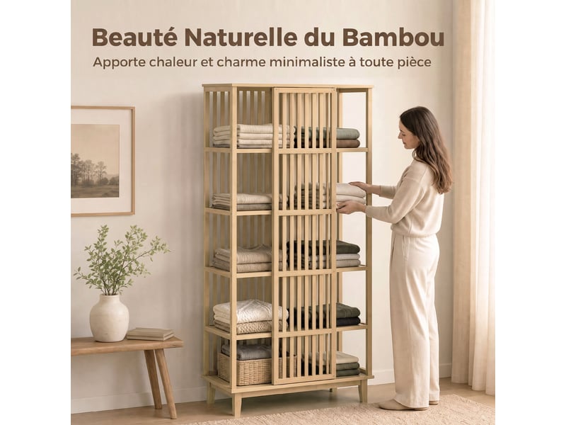  Armoire chambre penderie en bambou 5 niveaux avec porte coulissante, design aéré à lattes, bois naturel  - Conforama D