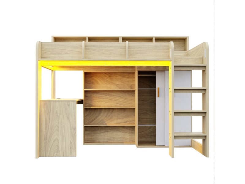 Lit mezzanine, 90 x 200 cm, avec bureau, armoire, éclairage led et prise électrique, bois naturel - Conforama A