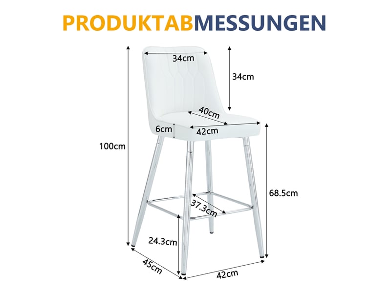  Tabourets de bar 100 cm lot de 2, chaise de bar, tabouret haut, chaise haute cuisine, assise pu, métal argenté, blanc  - Conforama C