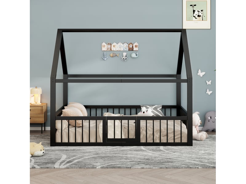  Lit cabane 140x200 cm en métal noir avec barrières et portillon  - Conforama E