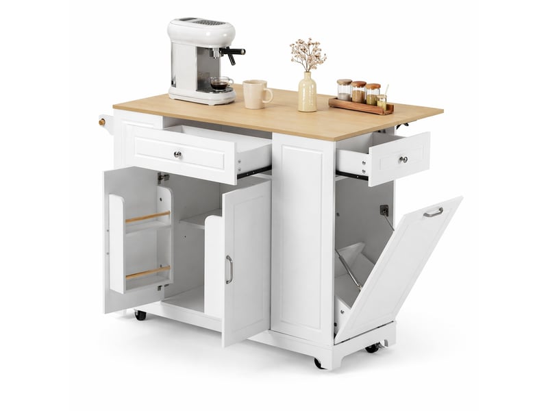  Desserte de cuisine avec plateau rabattable, prises, tiroir à déchets et roulettes, en mdf blanc naturel, 131,8×40-70×93,3 cm  - Conforama A