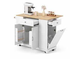 Desserte de cuisine avec plateau rabattable, prises, tiroir à déchets et roulettes, en mdf blanc naturel, 131,8×40-70×93,3 cm