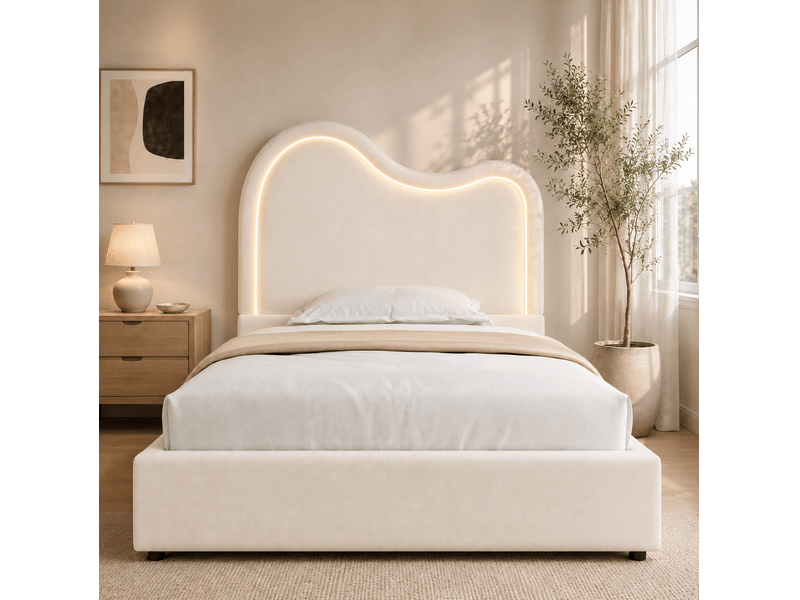 Lit enfant 90 × 200 cm coffre hydraulique avec sommier à lattes et tête de lit led en velours beige pour chambre - Conforama D