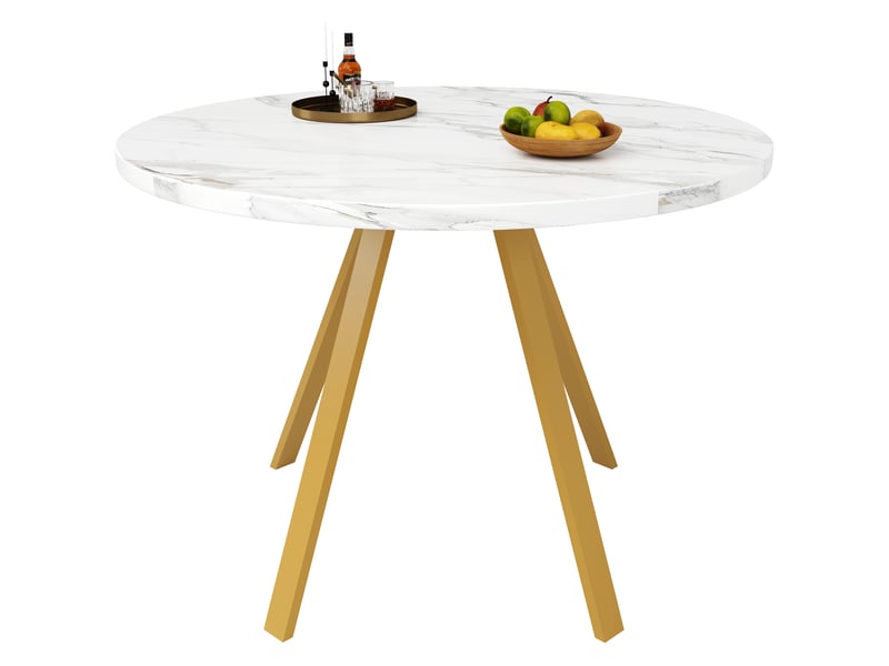  Ensemble table ronde avec 4 chaises, plateau effet marbre blanc 80 × 80 × 75 cm, sièges rembourrés en velours gris  - Conforama D