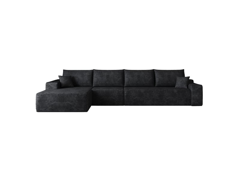  Canapé d'angle modulable compressé 4 places avec chaise longue, en velours côtelé noir  - Conforama A
