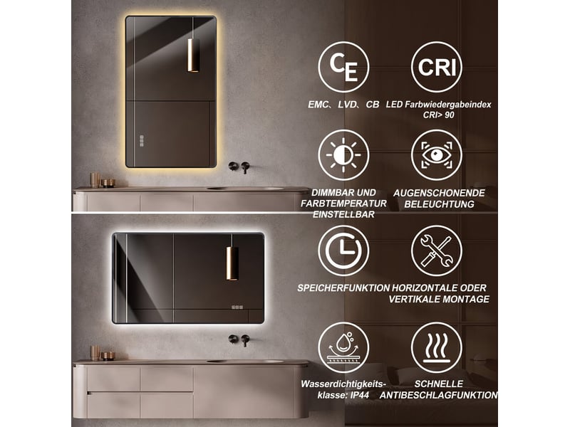 Miroir de salle de bains led 100x60 cm noir avec antibuée et variateur - Conforama R