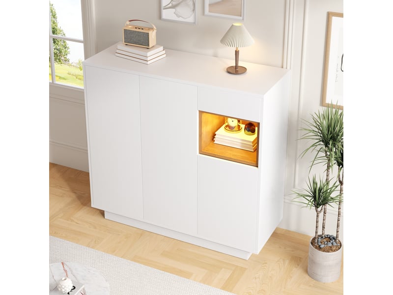  Meuble à chaussures tcqpz 105 x 39,5 x 100,5 cm 1 tiroir led 16 couleurs étagères réglables blanc et naturel en panneau de particules  - Conforama D
