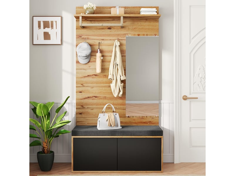 Portemanteau avec banc et rangement noir 100 x 190 cm en panneau de particules - Conforama B
