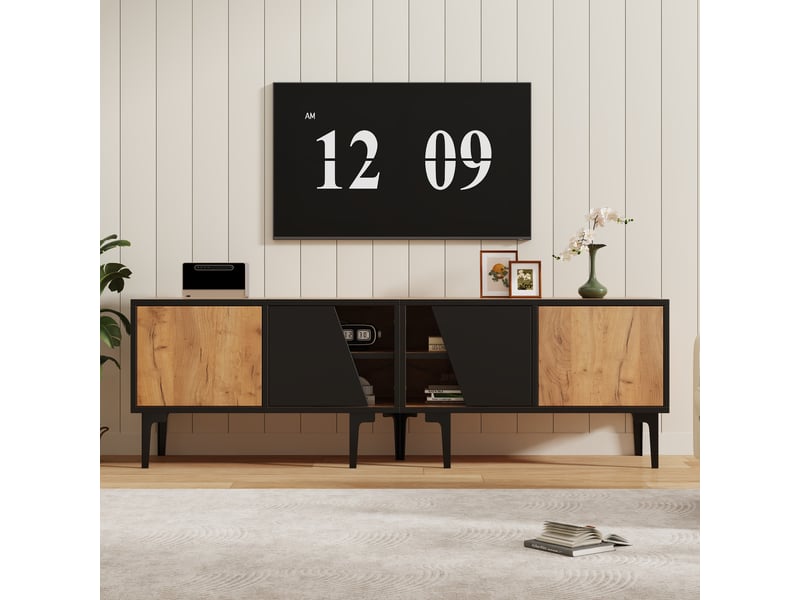  Meuble tv 160 cm pour écran 65 pouces avec 4 rangements, bois naturel et noir  - Conforama C