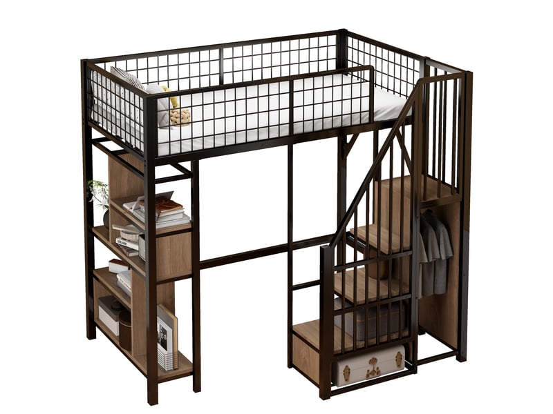  Lit mezzanine 90x200, lit mezzanine en métal noir avec escalier et étagères, lit mezzanine pour adulte et enfant, 204x143x170cm.  - Conforama C