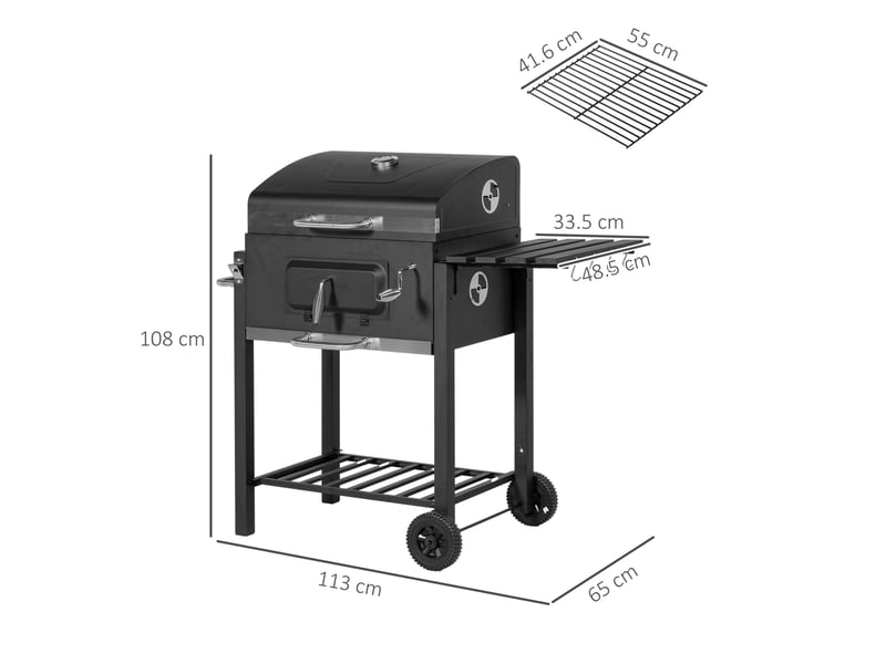  Grill barbecue charbon sur chariot en inox noir 113 x 65 x 108 cm – avec roues et rangements  - Conforama C