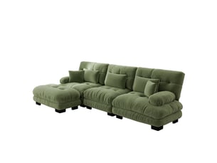 Canapé modulable d’angle en l 3 places avec pouf mobile, chenille vert, assise profonde