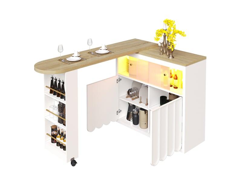 Table de bar extensible 135-205x39x100 cm, mobile sur roulettes avec frein, led et rangements, mdf et verre, blanc - Conforama A