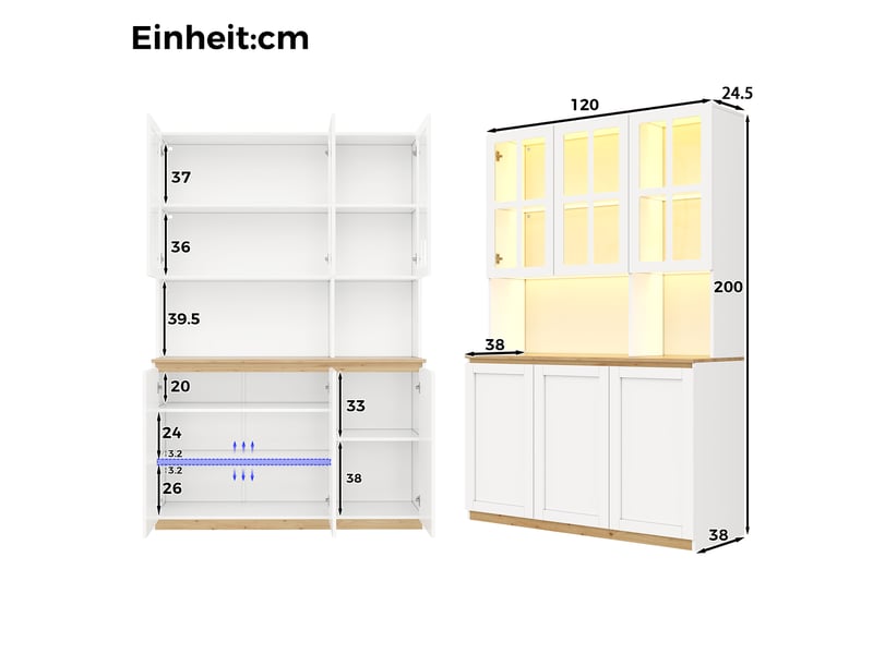  Vitrine buffet 120 x 24,5 x 200 cm, éclairage led, portes vitrées, grand rangement, bar et vaisselier, blanc Bliss Lite - Conforama C