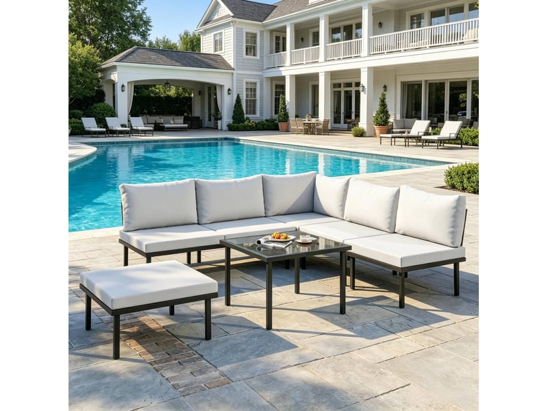  Salon de jardin modulable 6 pièces avec table basse en verre trempé, gris clair et noir  - Conforama E