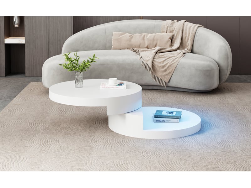 Table basse évolutive, blanche, 70 x 70 x 35,5 cm, plateau pivotant à 360°, led et 2 niveaux  - Conforama B
