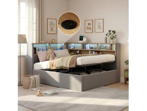 Lit banquette 90x200 cm avec rangement hydraulique, led, usb et dossier gris