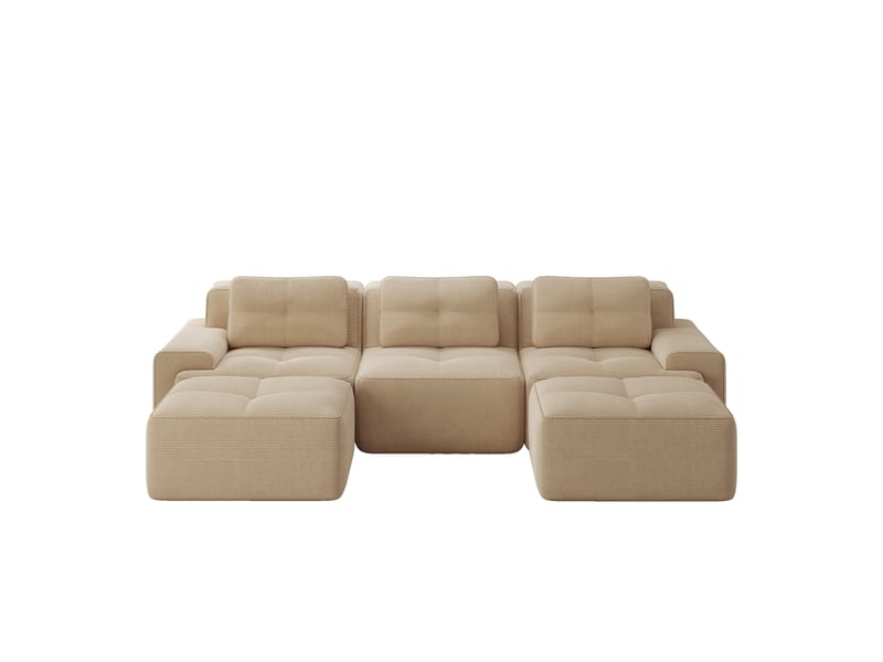  Canapé modulaire beige en velours côtelé, canapé 3 places avec ottomane, assise profonde 74 cm et configuration en u pour salon  - Conforama A