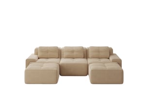 Canapé modulaire beige en velours côtelé, canapé 3 places avec ottomane, assise profonde 74 cm et configuration en u pour salon