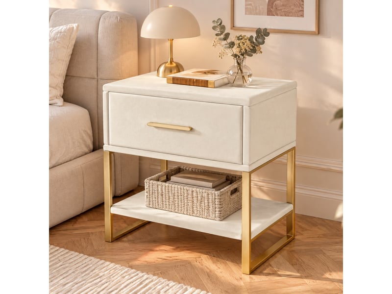  Lot de 2 tables de chevet en velours, table de nuit rembourrée avec 1 tiroir - étagère ouverte - pieds et poignée en métal doré, table d'appoint style moderne chic pour chambre à coucher, beige  - Conforama E