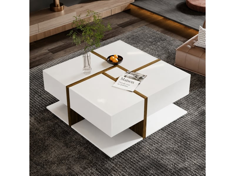  Table basse carrée blanche brillante et effet bois avec 4 tiroirs, 78 x 78 x 34,8 cm  - Conforama B