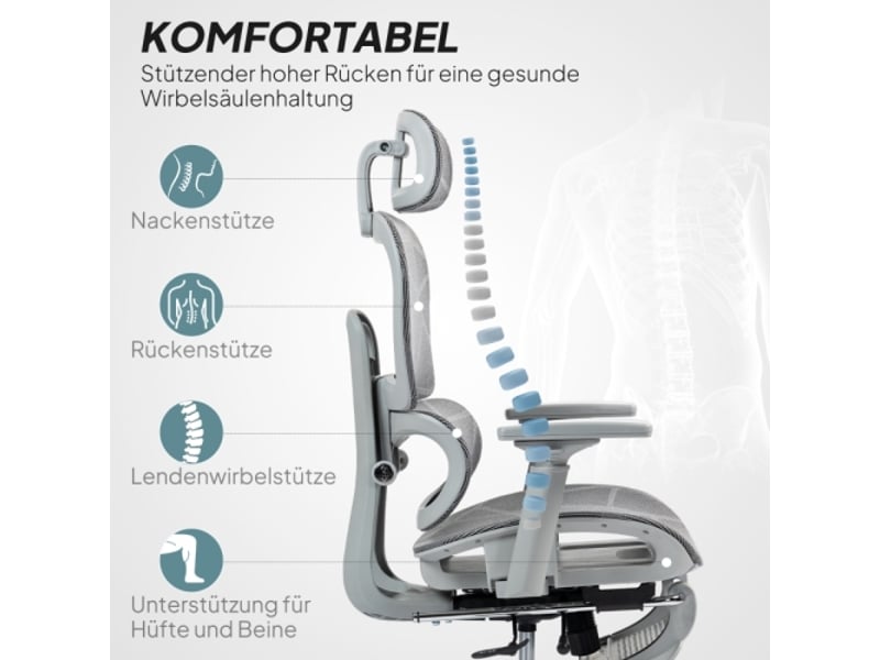 Chaise de bureau ergonomique en mesh gris, réglable, à roulettes, accoudoirs et appui-tête - Conforama D