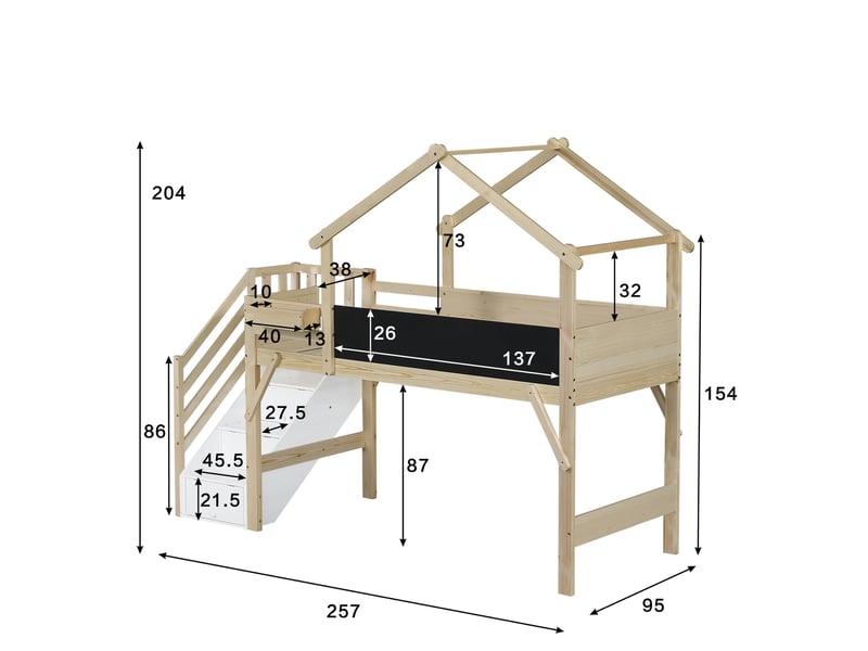  Lit mezzanine enfant 90x200 cm, lit cabane avec escalier de rangement, ardoise à dessin, en bois de pin et mdf, naturel  - Conforama E
