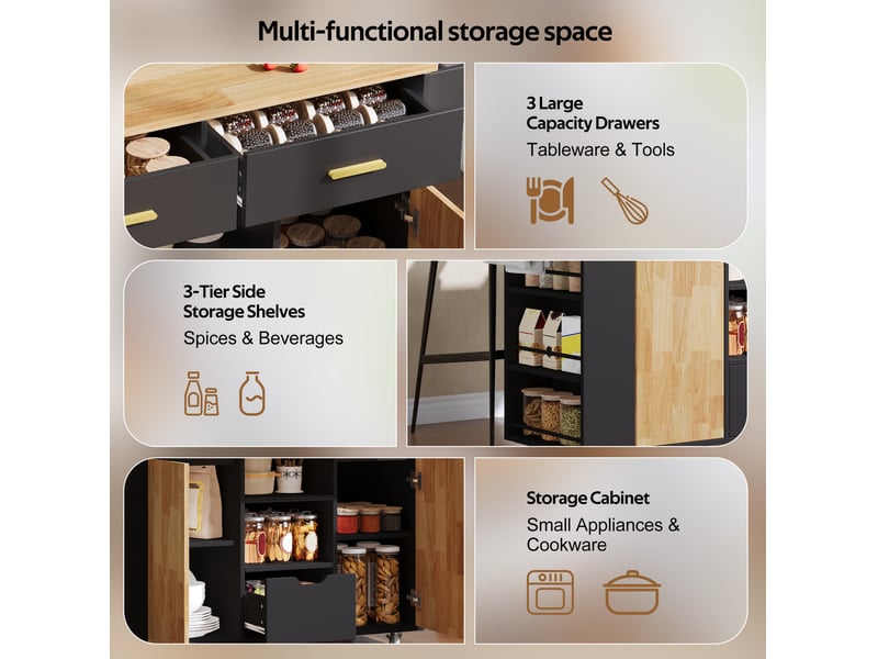  Desserte de cuisine 120x45x90 cm plateau rabattable mdf noir et naturel  - Conforama D