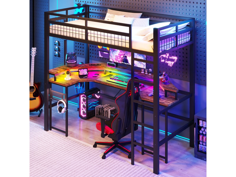 Lit mezzanine 90 x 200 cm, fer, led multicolore, bureau, 1 usb et 1 usb-c et 2 prises, panneau perforé, noir, sans matelas - Conforama B
