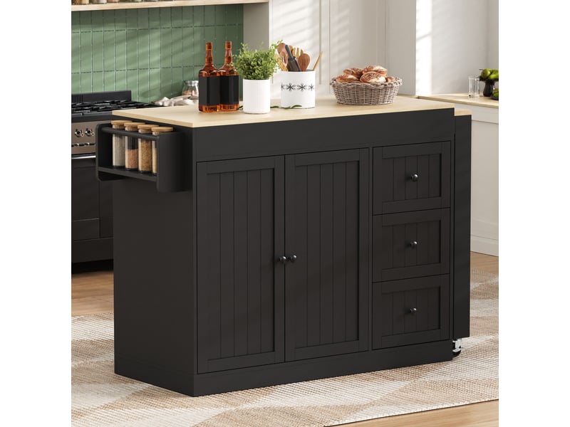 Îlot de cuisine sur roulettes avec espace repas extensible, desserte de cuisine noire avec étagère à épices et tiroirs  - Conforama D