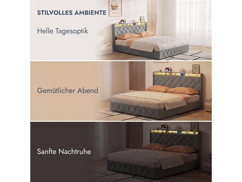  Lit double 160×200 cm  –  lit coffre – rangement hydraulique xxl – éclairage led rgb – port usbtype‑c  –  velours gris  - Conforama E