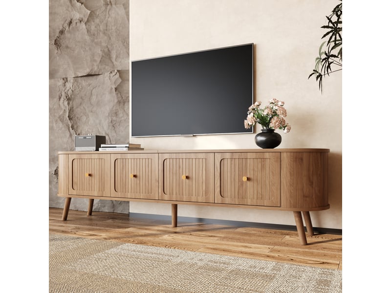  Meuble tv bas 180x38x47cm bords arrondis rangement | style vintage effet chêne et détails dorés | 4 portes charge 60kg - chêne clair  - Conforama C