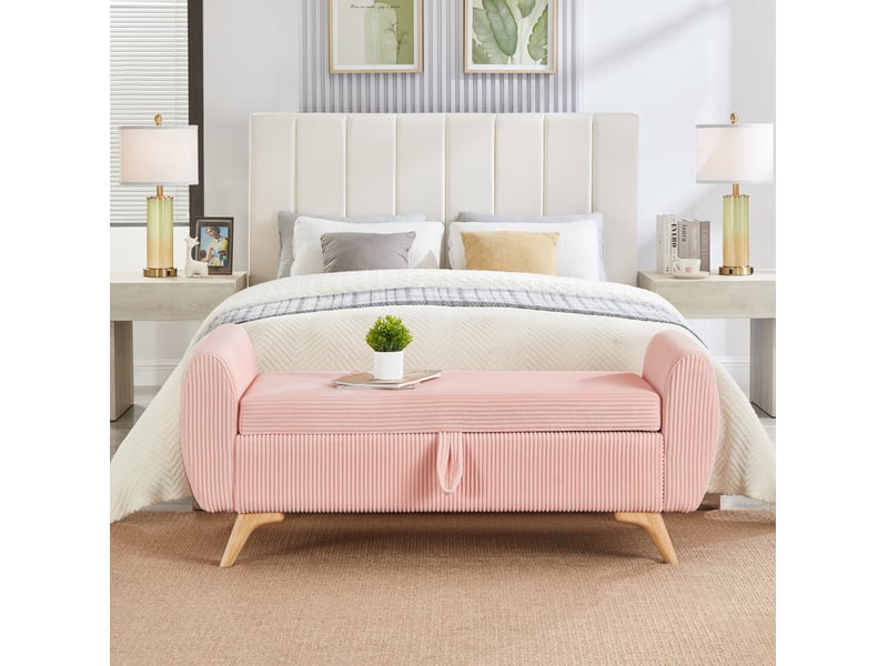  Banc coffre pliable 145 x 51 x 57 cm en velours côtelé rose avec pieds en bois  - Conforama B