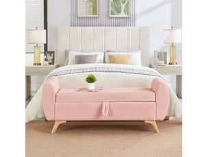 Banc coffre pliable 145 x 51 x 57 cm en velours côtelé rose avec pieds en bois