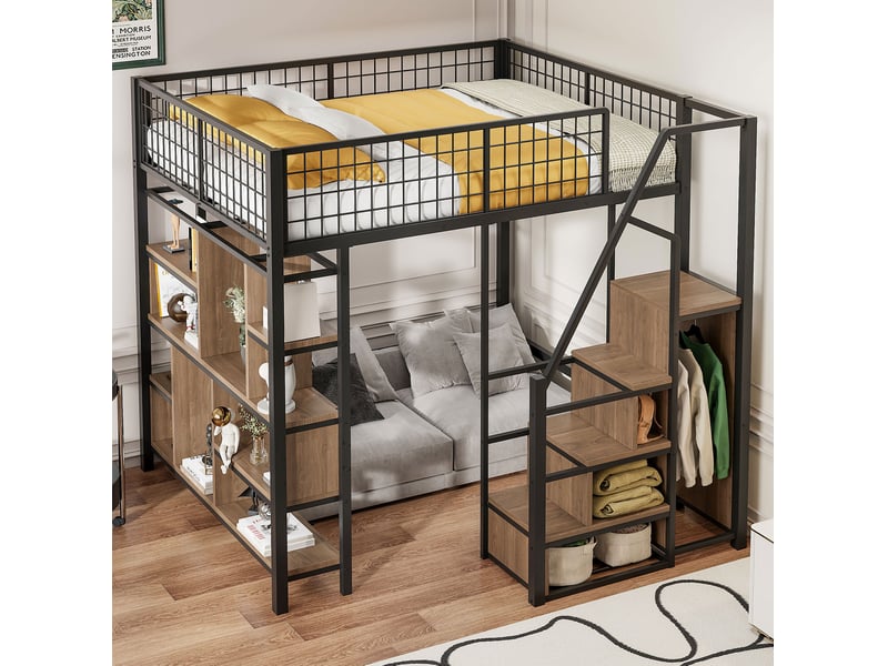  Lit mezzanine 140x200 cm avec rangement et escalier, métal noir  - Conforama B
