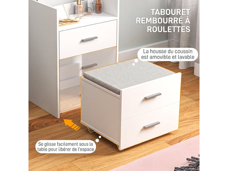  Coiffeuse avec miroir relevable et tabouret à roulettes, table de maquillage avec 2 tiroirs, coussin amovible, blanc  - Conforama E