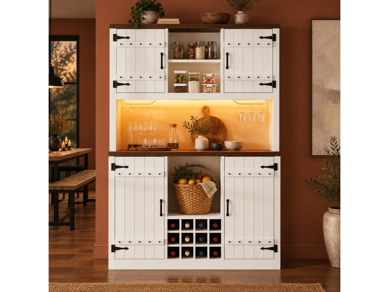 Colonne de cuisine avec portes, étagères réglables, casier à vin et éclairage led rgb pour cuisine 120×40×180 cm blanc - Conforama B
