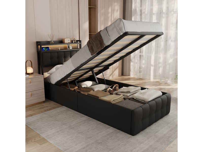  Lit simple rembourré 90 x 200 cm avec espace de rangement, lumière led et port usb, noir  - Conforama E