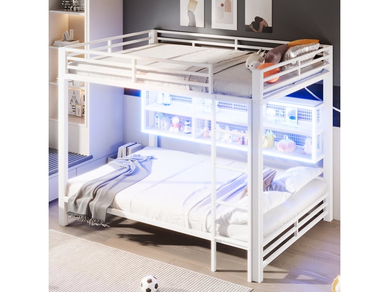 Lit superposé 140 x 200 cm, lit enfant à deux couchages, placard intégré, étagères ouvertes, éclairage led, barrières de sécurité, métal, blanc Morn Vibe - Conforama D