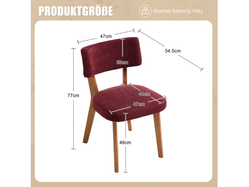  Lot de 2 chaises de salle à manger rembourrées avec dossier ergonomique et pieds en bois massif, tissu bordeaux  - Conforama D