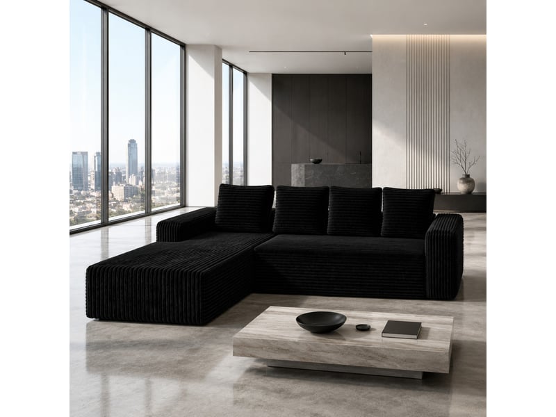  Canapé d’angle modulable avec méridienne réversible sans montage  - assise profonde, velours côtelé noir  - Conforama C
