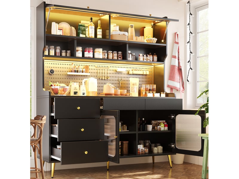  Buffet haut modenvie avec led rgb, 145 x 39 x 171 cm, mdf, métal et verre noir  - Conforama D