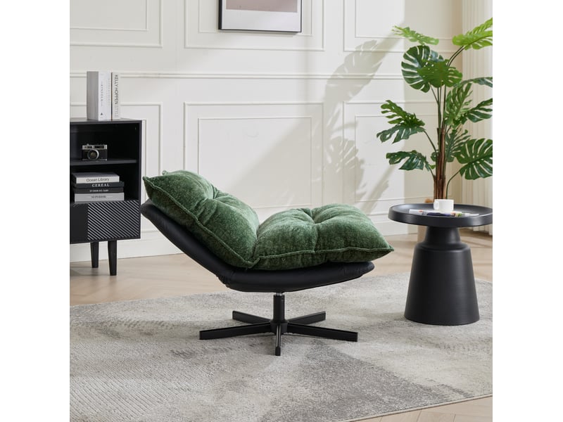  Fauteuil pivotant relax avec dossier réglable et assise en chenille, base métallique noire, vert foncé et noir  - Conforama D