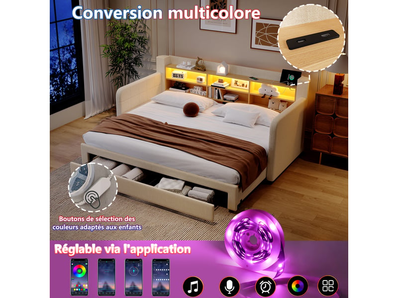 Canapé-lit 90 x 200 cm - avec lit gigogne - avec éclairage led - avec 2 tiroirs - tissu velours - beige (matelas non inclus) - Conforama W