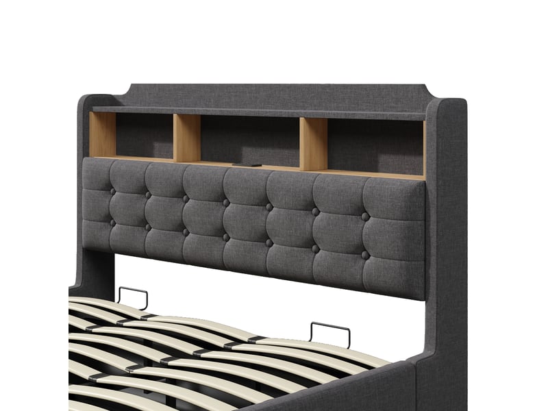  Lit coffre 180×200 cm double avec led, usb, type-c et tête de lit en lin gris sans matelas  - Conforama D