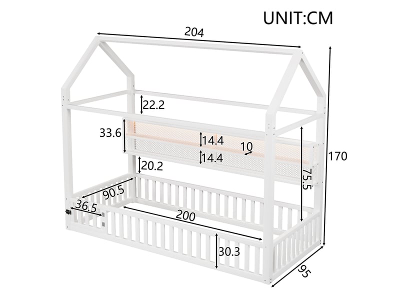  Lit cabane enfant 90x200cm avec barrière et lumières led, métal, blanc  - Conforama C