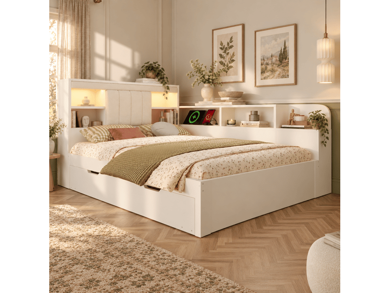  Lit gigogne 140x190 cm avec éclairage et ports en bois, tête de lit avec rangement, couleur blanc sans matelas  - Conforama B