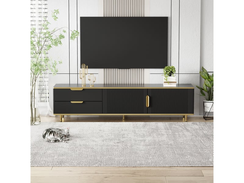  Meuble tv noir et or 170 cm avec motifs sculptés, banc tv moderne avec tiroirs et portes pour salon  - Conforama C